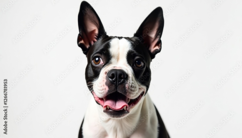 Boston terrier, pink tongue, nose lick, white background, black and white, purebred Boston terrier, pink tongue, nose lick, white background, black and white, purebred