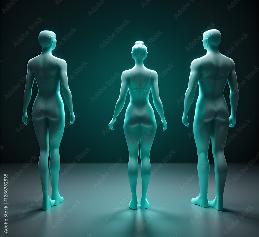 Obraz premium Abstract surrealistic illustration of glass statue several people standing in pose.Concept project.mindfulness and meditation.Futuristic. cyberpunk.innovation different types of poses.generative ai
