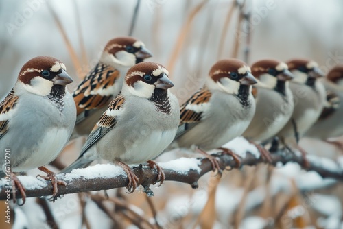 Group of birds resting on a tree limb