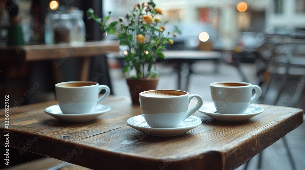 Cozy coffee shop scene with three cups of coffee on wooden table, surrounded by small flower pot. warm atmosphere invites relaxation and conversation Cozy coffee shop scene with three cups of coffee on wooden table, surrounded by small flower pot. warm atmosphere invites relaxation and conversation