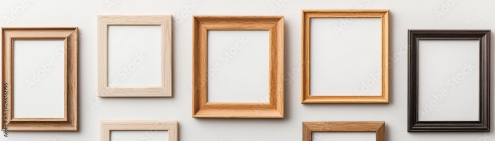 Empty picture frames in various wood finishes arranged horizontally on a white background for artistic display Empty picture frames in various wood finishes arranged horizontally on a white background for artistic display