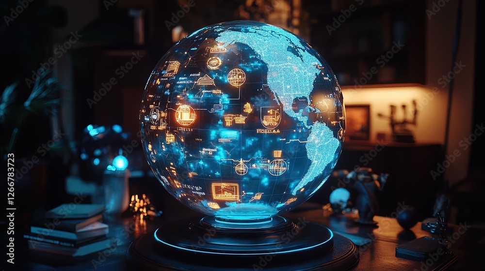 Fototapeta premium A glowing holographic globe surrounded by icons representing global trade routes, modern and conceptual 