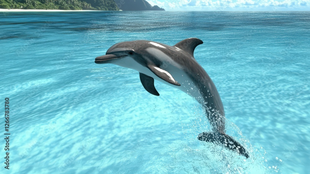 Fototapeta premium Dolphin leaps joyfully in clear turquoise ocean waters