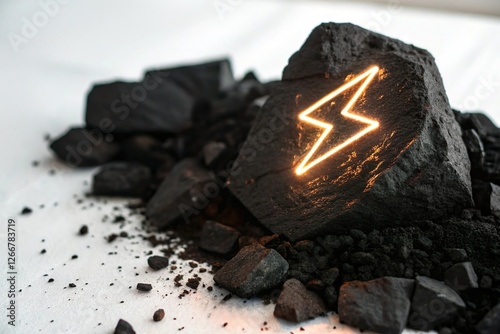 glowing electric symbol on coal. Fossil fuel energy photo