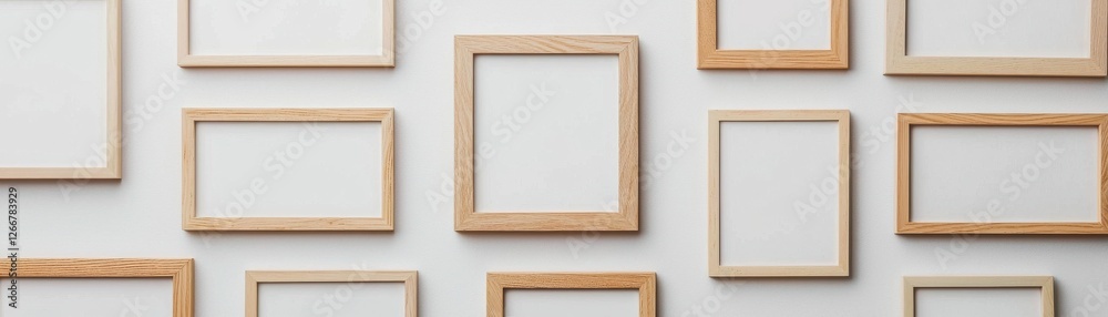 Empty wooden frames arranged in a grid pattern on a light background for creative display and design ideas Empty wooden frames arranged in a grid pattern on a light background for creative display and design ideas