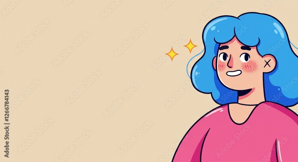 Cute Illustrated Character with Blue Hair and Pink Sweater Smiling Cheerfully, Perfect for Children's Content and Graphic Design Projects Cute Illustrated Character with Blue Hair and Pink Sweater Smiling Cheerfully, Perfect for Children's Content and Graphic Design Projects