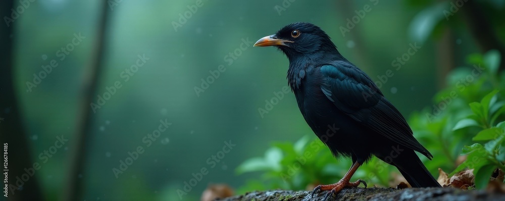 Fototapeta premium Dark plumage, persistent bird call amidst downpour , wildlife, branch, wild