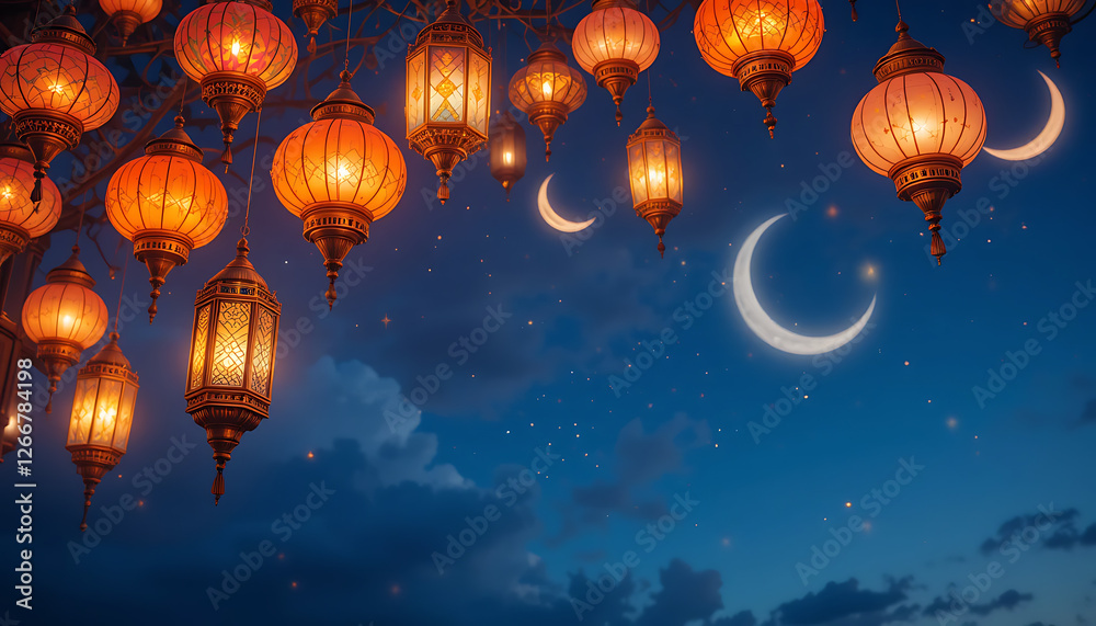 Obraz premium Elegant Ramadan Mubarak Night Sky with Hanging Lanterns and Crescent Moons