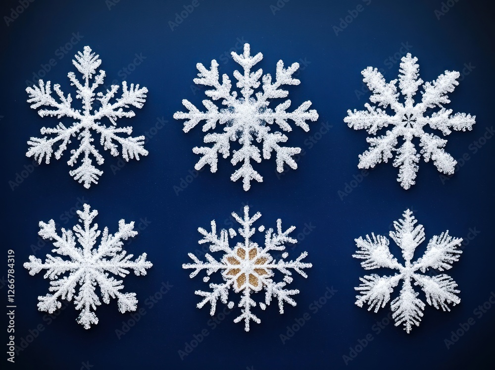 Unique Minimalist Snowflakes Collection on Deep Navy Blue Background Unique Minimalist Snowflakes Collection on Deep Navy Blue Background
