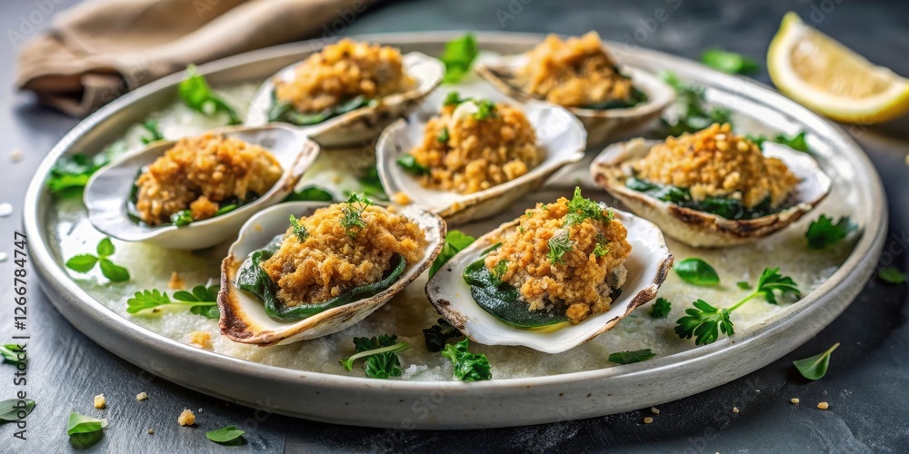 A delectable platter of baked clams, each shell brimming with a savory breadcrumb topping and vibrant green spinach filling, garnished with fresh herbs and a sprinkle of sea salt. A delectable platter of baked clams, each shell brimming with a savory breadcrumb topping and vibrant green spinach filling, garnished with fresh herbs and a sprinkle of sea salt.