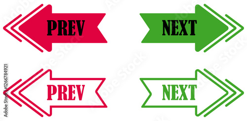 Prev and next buttons set on white background. Minimal prev and next buttons for apps. Forward backward navigation arrows for design. Prev next page icons for website layout. Vector illustration 