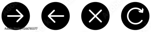 Left right arrow cancel and refresh buttons set collection on white background. Ui button set featuring next arrow previous arrow cancel redo symbols. Vector illustration