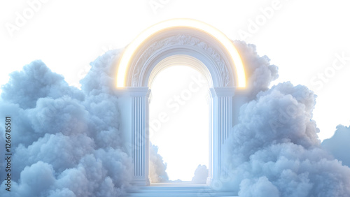 An elegant pearl gate with a glowing halo effect above, surrounded by clouds, Isolated on white background
