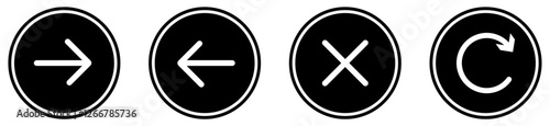 Left right cancel and reload button set collection on white background. Black circular right left arrow cancel refresh button symbols. Navigation icons with right arrow left arrow cancel and refresh. 