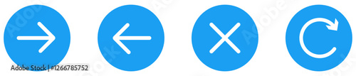 Right arrow left arrow cancel refresh rotate icons set for ui ux design. Black circular right left arrow close reload retry button symbols. Command and operation icon. Vector illustration