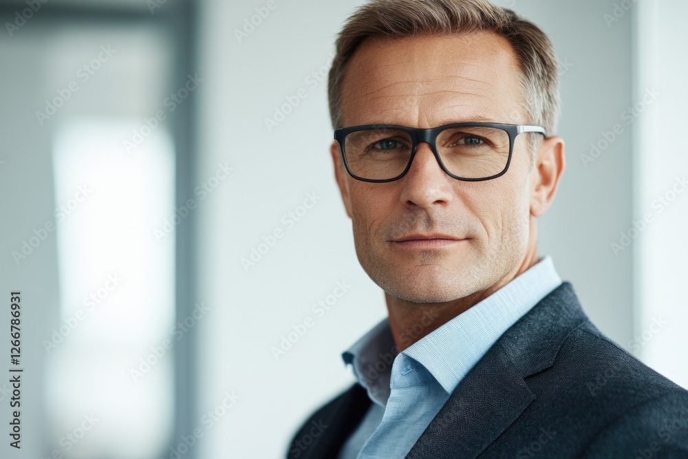 Fototapeta premium A businessman sitting in front of a white background, wearing a suit and glasses