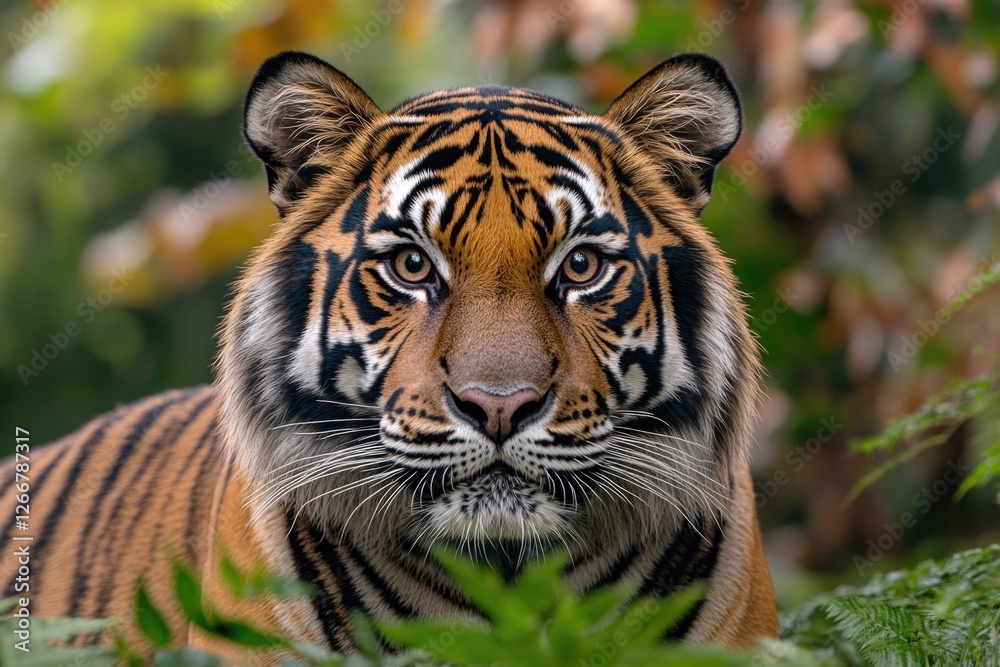 Fototapeta premium Close-up shot of a tiger's face surrounded by trees, great for wildlife or nature-themed projects
