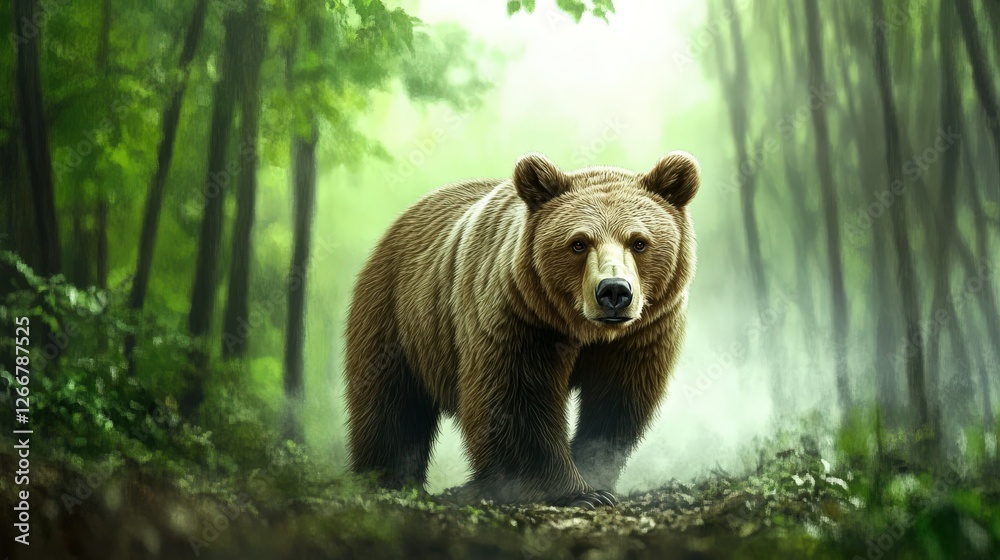 Brown bear walking in a misty forest during daylight hours Brown bear walking in a misty forest during daylight hours