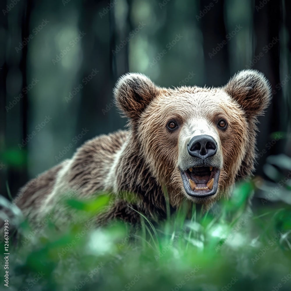 Fototapeta premium Curious brown bear exploring a forest habitat in the wild