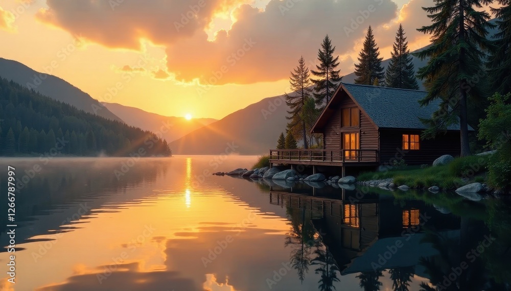 Fototapeta premium Golden hour at a lakeside cabin, tranquil setting, holiday, nature, picture