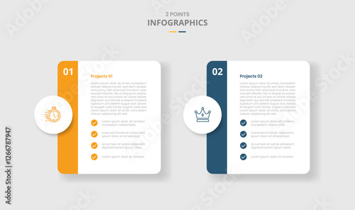2 points template comparison concept for infographic with round box container with circle badge and list side badge with drop shadow style with two point list information