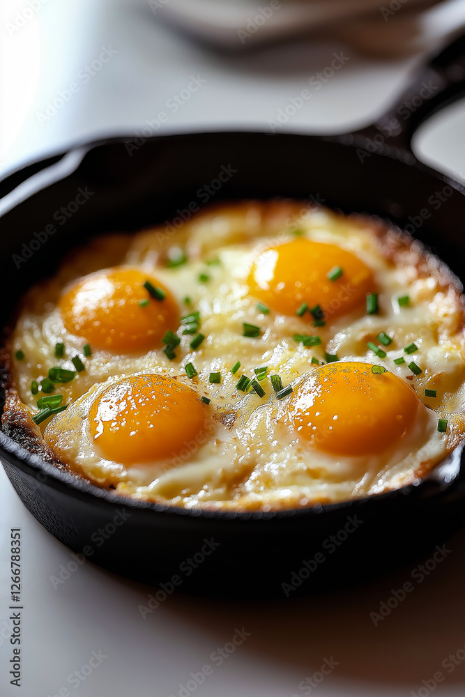 Four eggs sunny side up are cooking in a cast iron pan, seasoned with chives and pepper Four eggs sunny side up are cooking in a cast iron pan, seasoned with chives and pepper