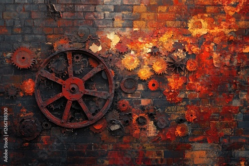 Rusty gears and cogs affixed to a weathered brick wall, showcasing industrial decay and steampunk aesthetics. photo