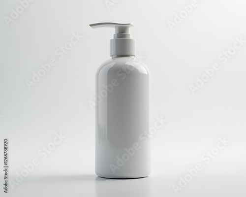 A sleek white pump bottle stands upright against a light background. It suggests potential uses in skincare or personal care products, ideal for branding or design purposes.
