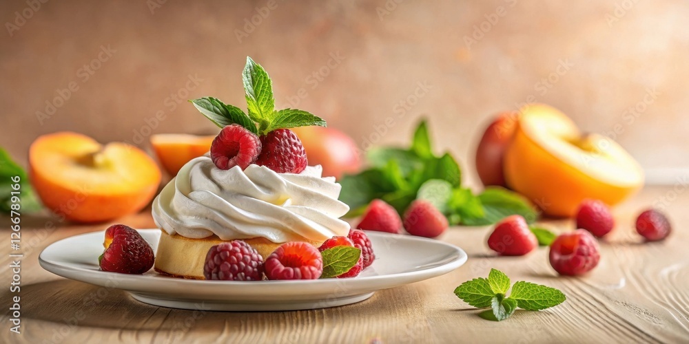 Delicious creamy dessert topped with fresh raspberries and mint, accompanied by halved peaches on a wooden table Delicious creamy dessert topped with fresh raspberries and mint, accompanied by halved peaches on a wooden table