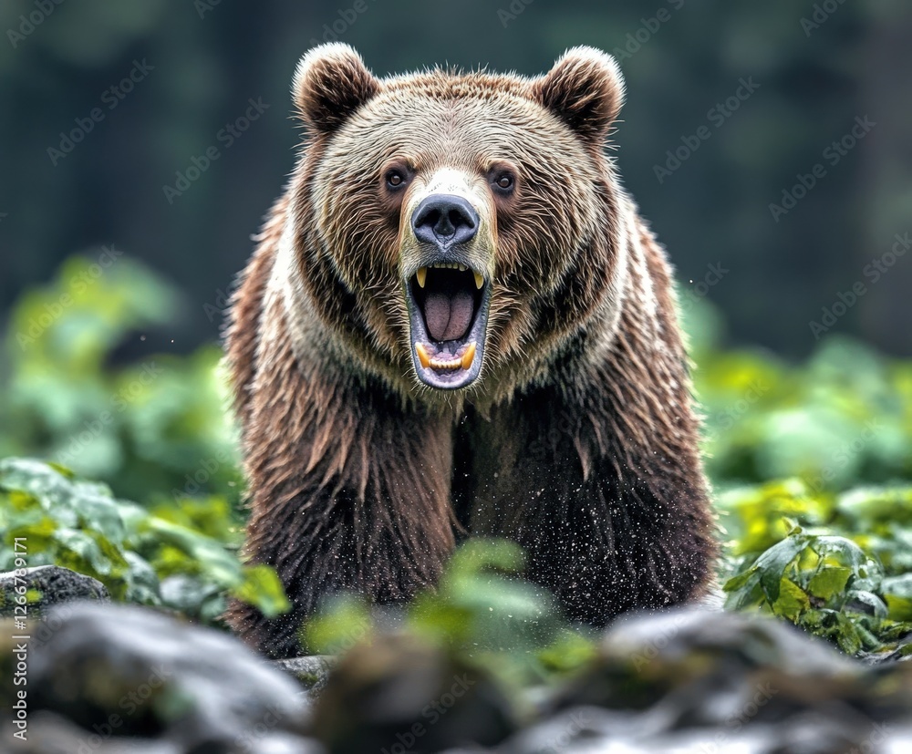 Obraz premium Majestic bear charges through a lush green forest habitat