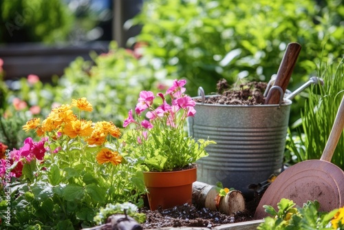 A colorful garden featuring multiple types of blooms photo