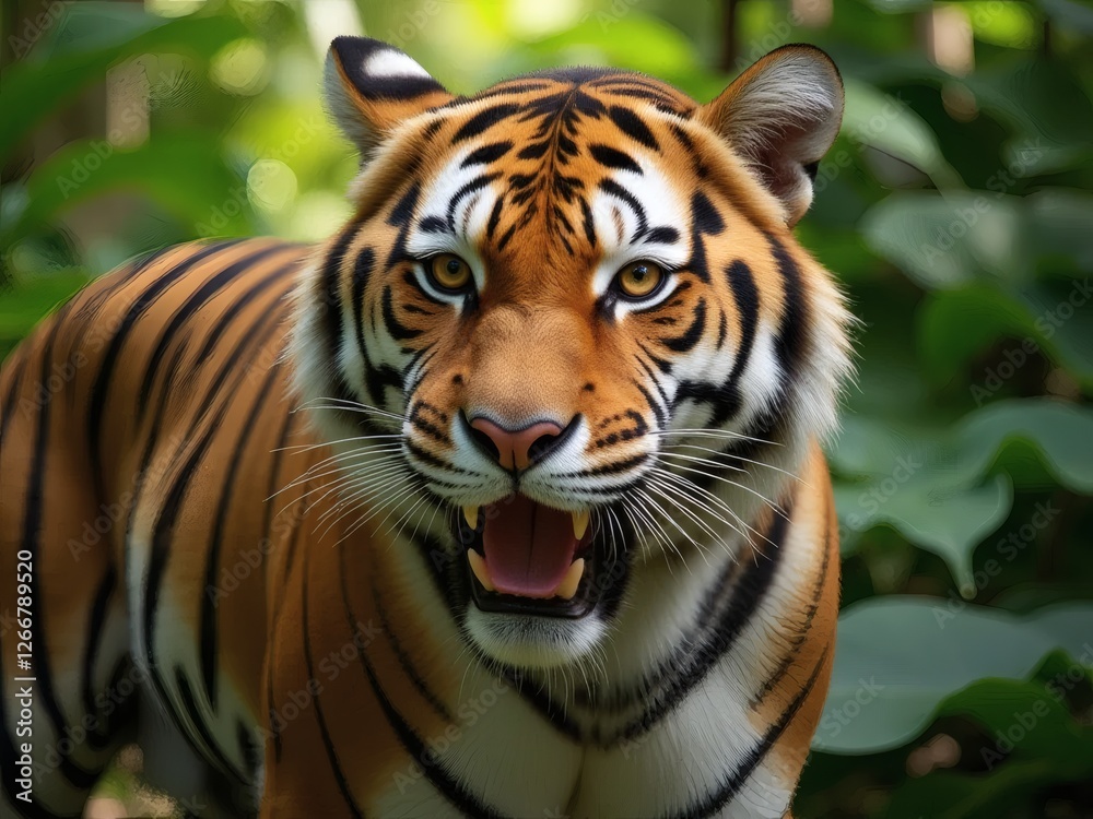 Fototapeta premium Highly Detailed Bengal Tiger with Sharp Amber Eyes in Greenery