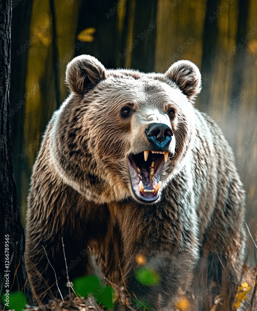Obraz premium Bear roaring in dense forest during autumn