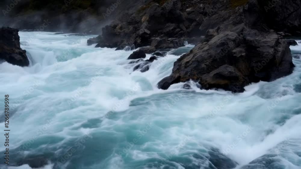 Powerful rushing waterfall cascading over rugged rocks with white foamy water. Powerful rushing waterfall cascading over rugged rocks with white foamy water.