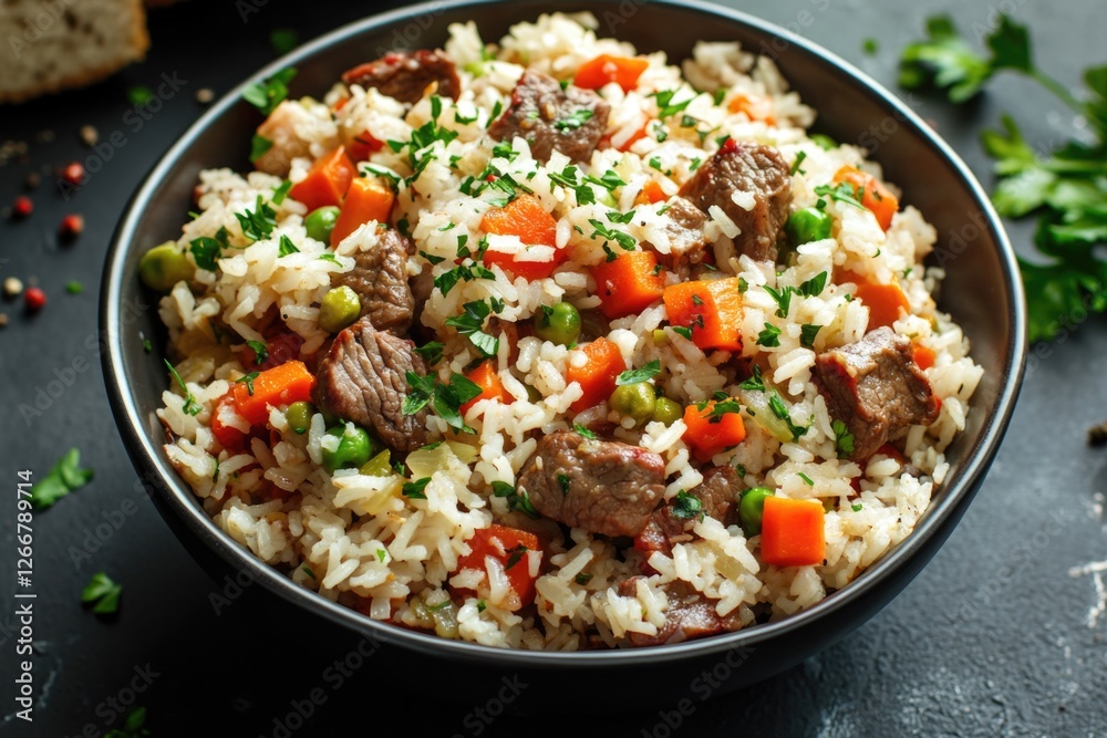 A bowl of cooked meat and vegetables served over a bed of rice A bowl of cooked meat and vegetables served over a bed of rice