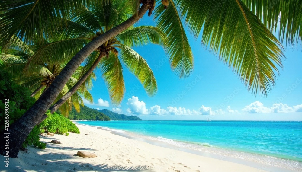 Fototapeta premium Lush palm trees arch over a pristine, sandy beach , coastline, dune, holiday