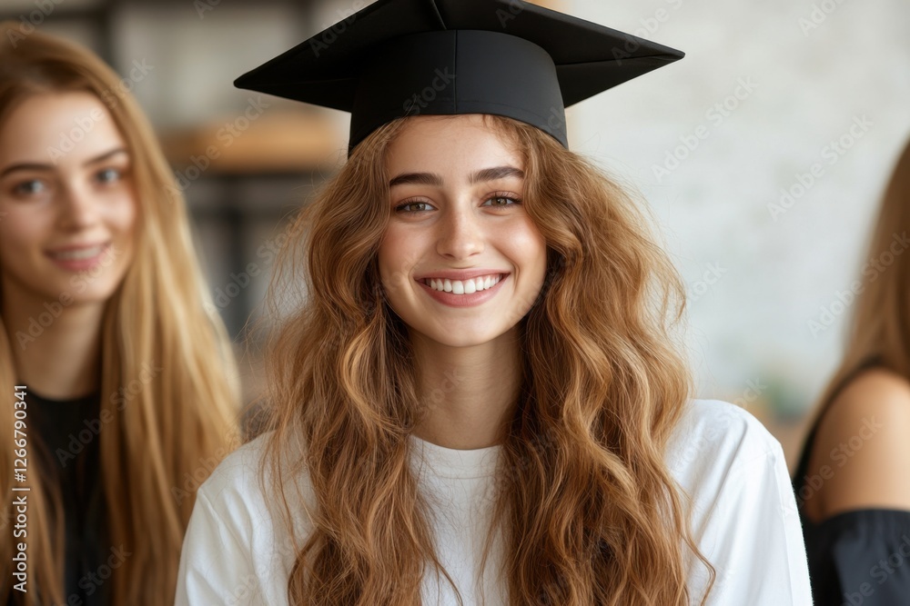 happy young graduate woman in a robe and cap smiles and looks at the camera. academic achievements, college graduation success. career and work. happy young graduate woman in a robe and cap smiles and looks at the camera. academic achievements, college graduation success. career and work.