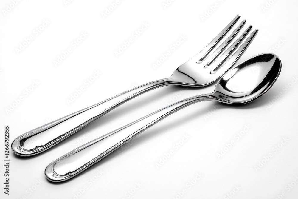 Close-up of two forks and a spoon arranged neatly on a white surface, great for still life photography or kitchen utensil collections Close-up of two forks and a spoon arranged neatly on a white surface, great for still life photography or kitchen utensil collections