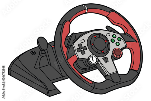   Gaming steering wheel, black and red color scheme, sleek design, ergonomic grip, racing simulator accessory, carbon fiber texture, futuristic, high-performance, detailed buttons, realistic render, 