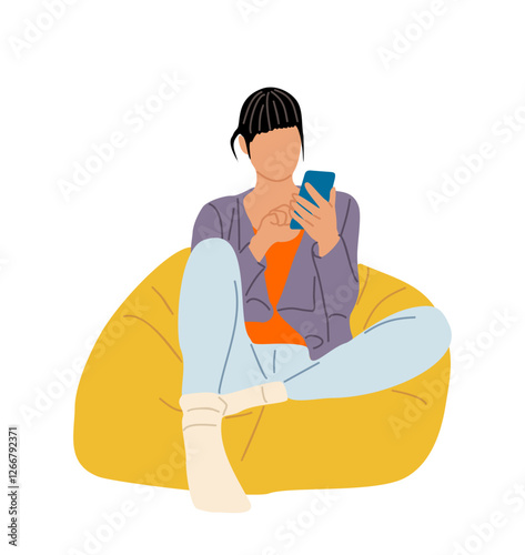 A woman is sitting on a yellow bean bag chair and looking at her cell phone. She is wearing a purple jacket, an orange shirt and jeans. Vector illustration isolated on transparent background.