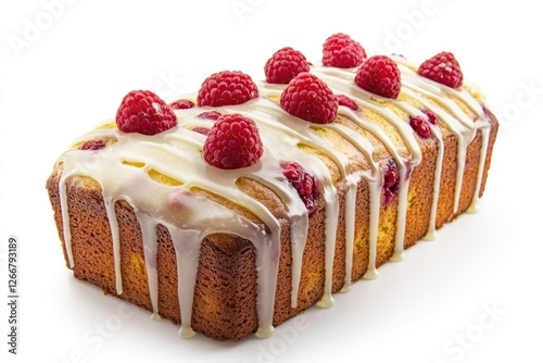 Fresh raspberries sit atop a moist white iced cake, perfect for dessert or special occasion