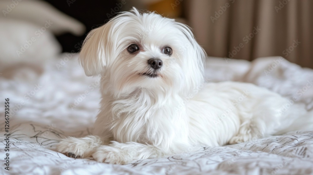 adorable maltese puppy relaxing on a bed adorable maltese puppy relaxing on a bed