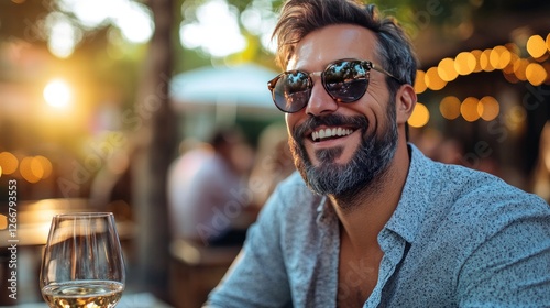 Happy Man Enjoying Wine at Sunset in a Cozy Outdoor Setting