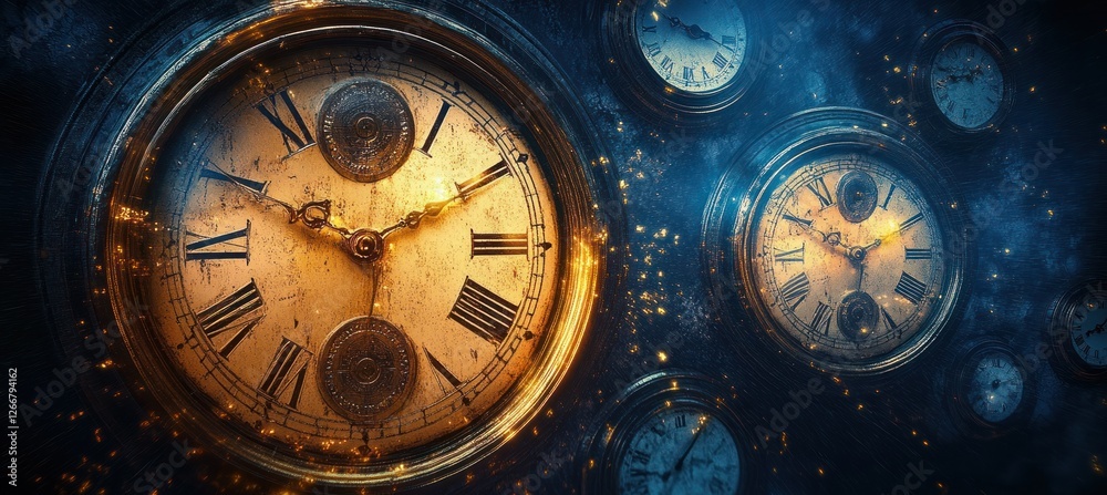 Naklejka premium Vintage Clocks Surreal Timepiece Dreamscape Intricate Dials Soft Lighting Ethereal Blues Memory History Classic Retro