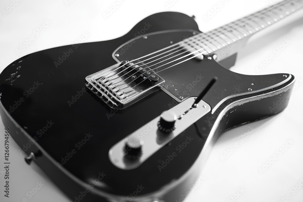 Close-up shot of a black electric guitar sitting on a table, ideal for music-related use or as an decorative item Close-up shot of a black electric guitar sitting on a table, ideal for music-related use or as an decorative item