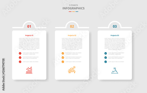 3 points template comparison concept for infographic with vertical box with half circle top badge with drop shadow style with two point list information