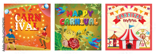Musicians and Festive Decor. Carnival Celebration. Tent, Carousel, and Ferris Wheel.