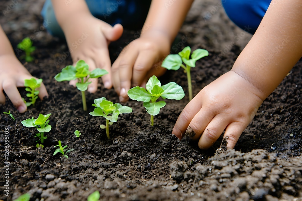 Children are planting seedlings into the soil in the garden, selective focus Children are planting seedlings into the soil in the garden, selective focus