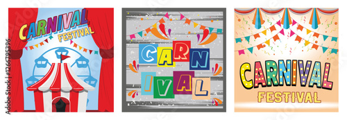 Tent and Ferris Wheel. Colorful Carnival Text Design. Carnival Festival Celebration.