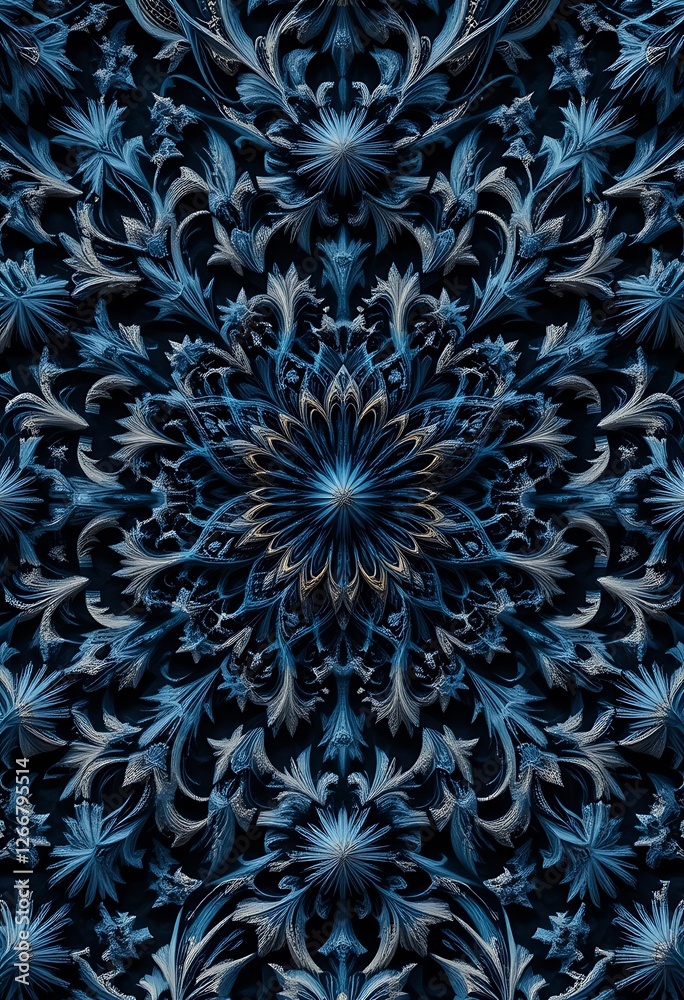 Fototapeta premium Intricate fractal floral pattern in shades of blue and silver